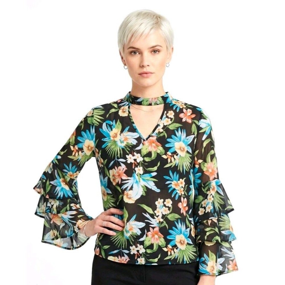 Womens M Black Floral Chiffon Sheer V-Neck Bell Slv Blouse tropical festival